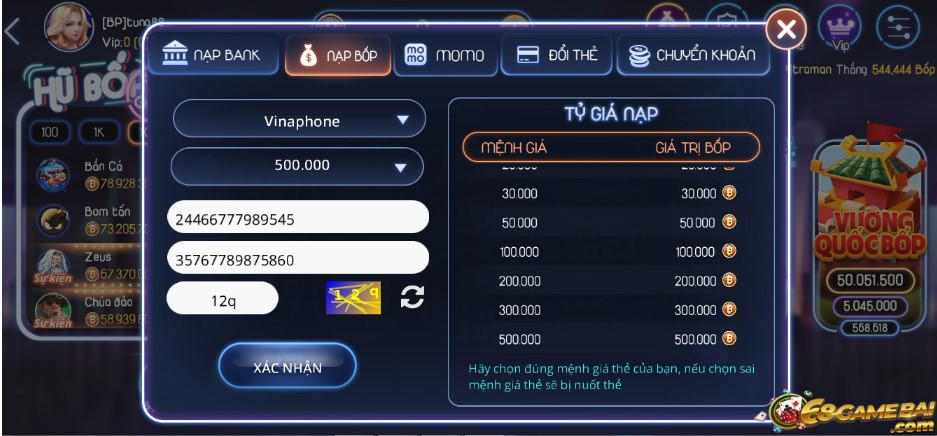 Thao tác nạp tiền tại Bốp Club