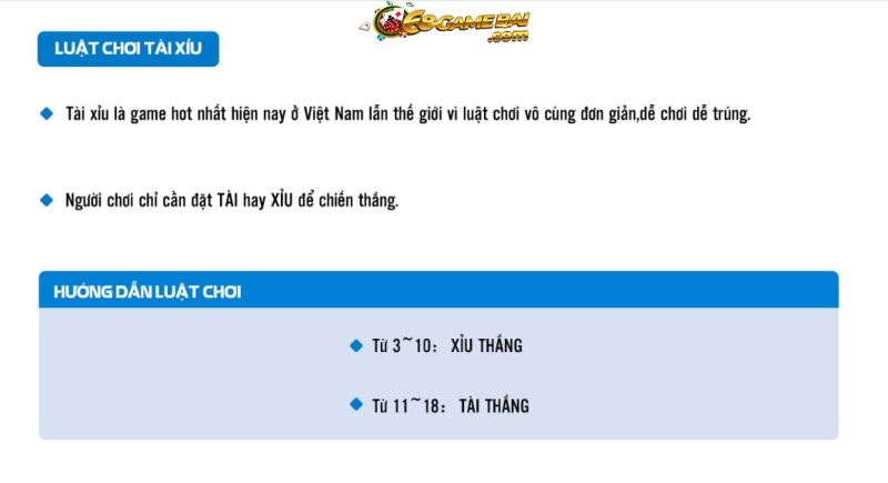 Hướng dẫn chơi Tài xỉu tại 68gamebai tỉ lệ ăn 99% 2 Tìm hiểu về luật chơi tài xỉu tại 68 game bài