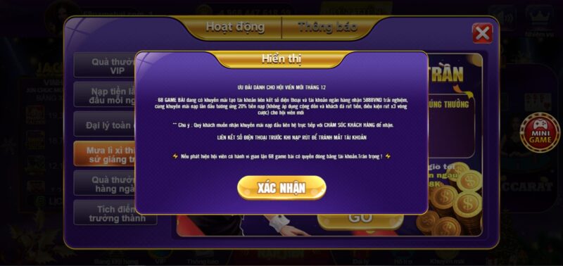 Khuyến mãi hội viên tháng 12 68 game bài