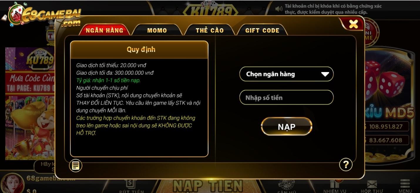Hướng dẫn nạp tiền Ku789