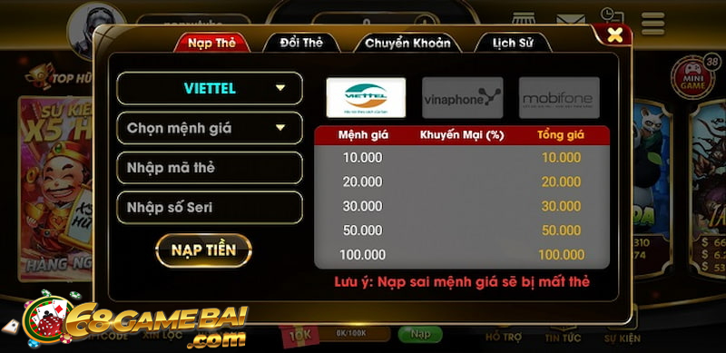 Tải Vuahu Club cực nhanh - Link tải chính thức update 2022 8 Nạp tiền vào tài khoản