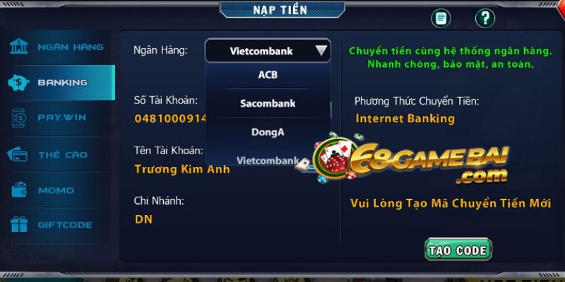 Chia Sẻ Hướng Dẫn Nạp Tiền B52 Đơn Giản Để Nhận Khuyến Mãi 2 Sử dụng internet banking để nạp tiền B52