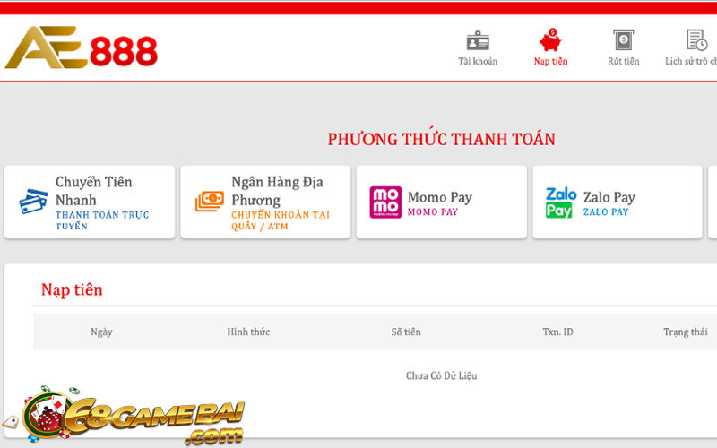 Nạp tiền vào tài khoản thông qua internet banking 168PAY