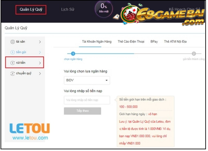 Rút tiền tại Letou bằng nhiều cách thức